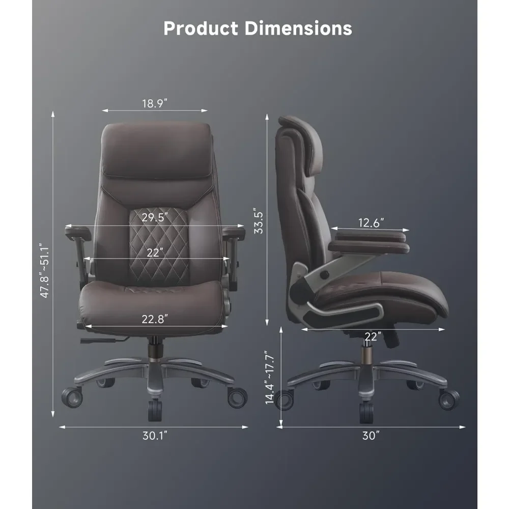 Big and Tall Office Chair with 5D Flip Arms, 600LBS PU Leather Executive Chair, Adjustable Lumbar Support 3'' Double Space Wheel 2