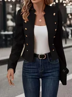 Women Jacket Stand Collar Long Sleeve Double Breasted Short Suit Coat Solid Color Business Outerwear - Image 2