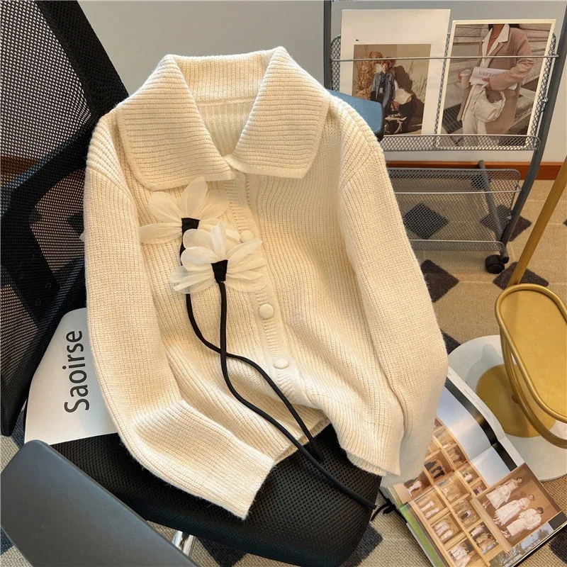 

DAYIFUN-Women's 3D Floral Cardigan Korean Knitted Oversized Sweater Vintage Tops Sweet Solid Cardigan Women's Clothing Fashion