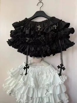 Y2k Gothic Elastic Waist Cross Short Skirt Women Sweet Hot Girl Chic High Waist Ruffle Skirts Female Design Retro Cake Skirt New 1