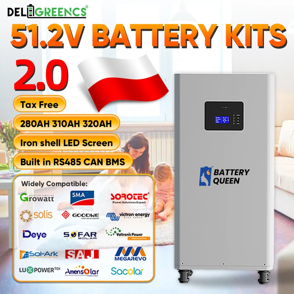 태양광용 폴란드 Lifepo4 배터리 키트, 내장 RS485 BMS 배터리, 무료 배송, 48V, 51.2V, 280AH, 310AH, 320AH