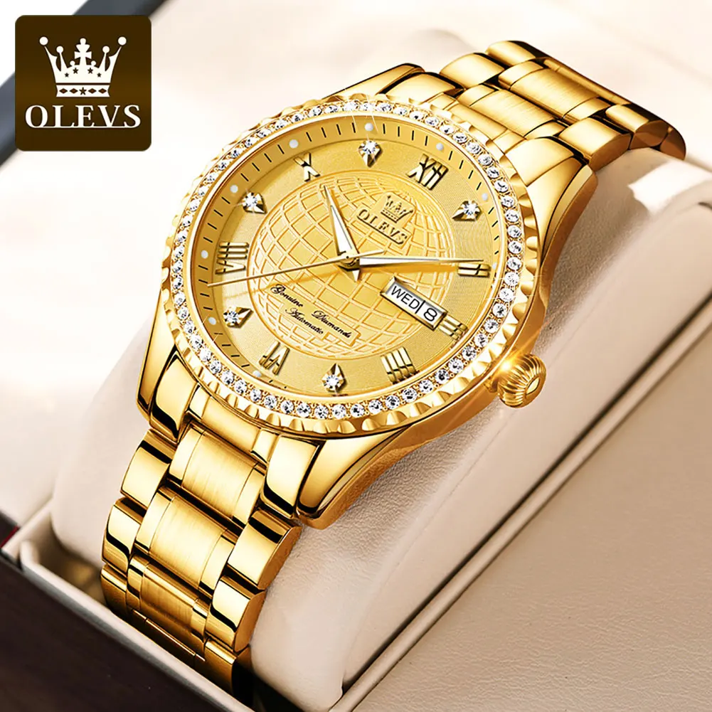 

OLEVS Gold Watches for Men Date Week Dial Waterproof HD Luminous Stainless Steel Fashion Business Automaic Mechanical Wristwatch