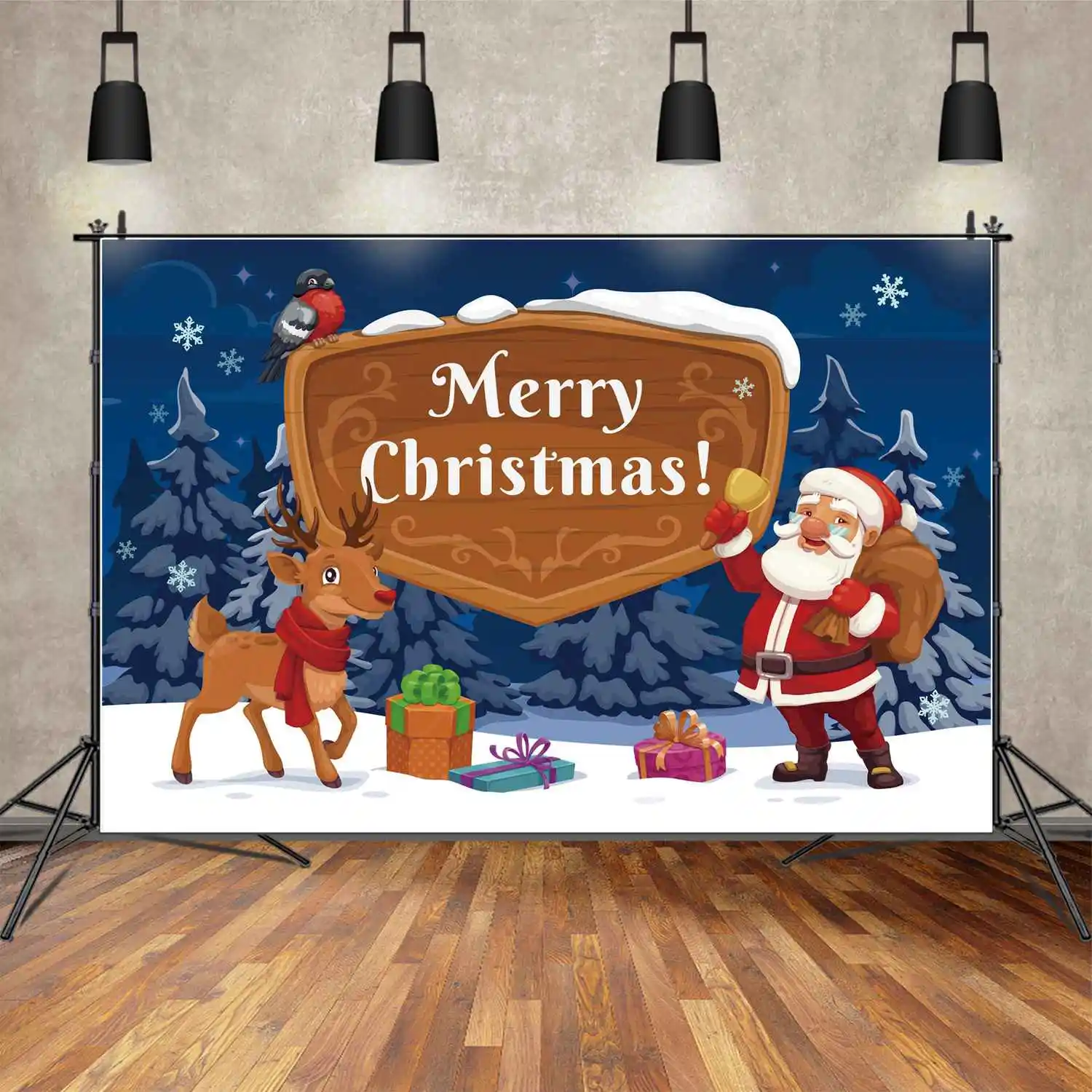 

Фон MOON.QG с надписью "Merry Christmas", деревянная доска, детский фотобаннер, фон с Санта-Клаусом, оленем, синим лесом, снежинками, Декор, фотобудка