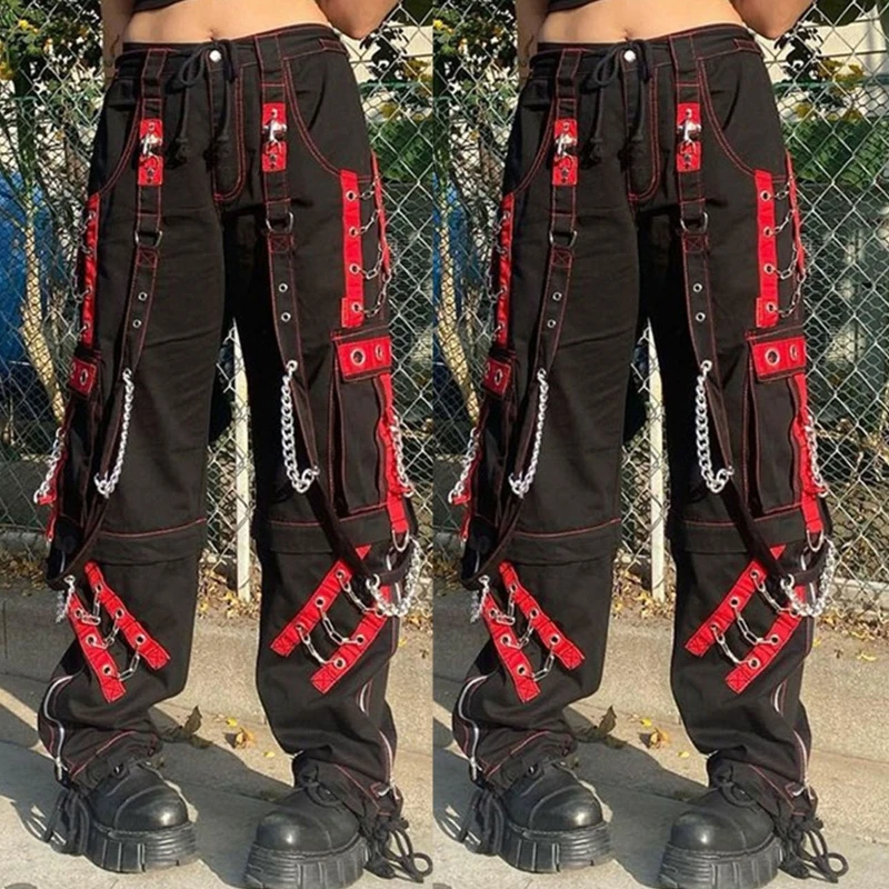 Women Baggy Cargo Pants Punk Colorblock Eyelets Bandage Chain Wide Leg Trousers Dropship