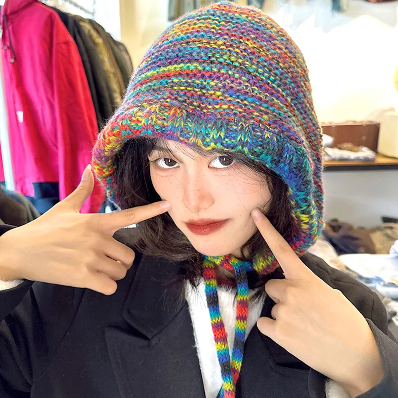 

Vintage Lace-up Knitted Wool Hats Harajuku Rainbow Stripe Pullover Caps Winter Warm Beanies Contrast Color Bucket Hat Streetwear