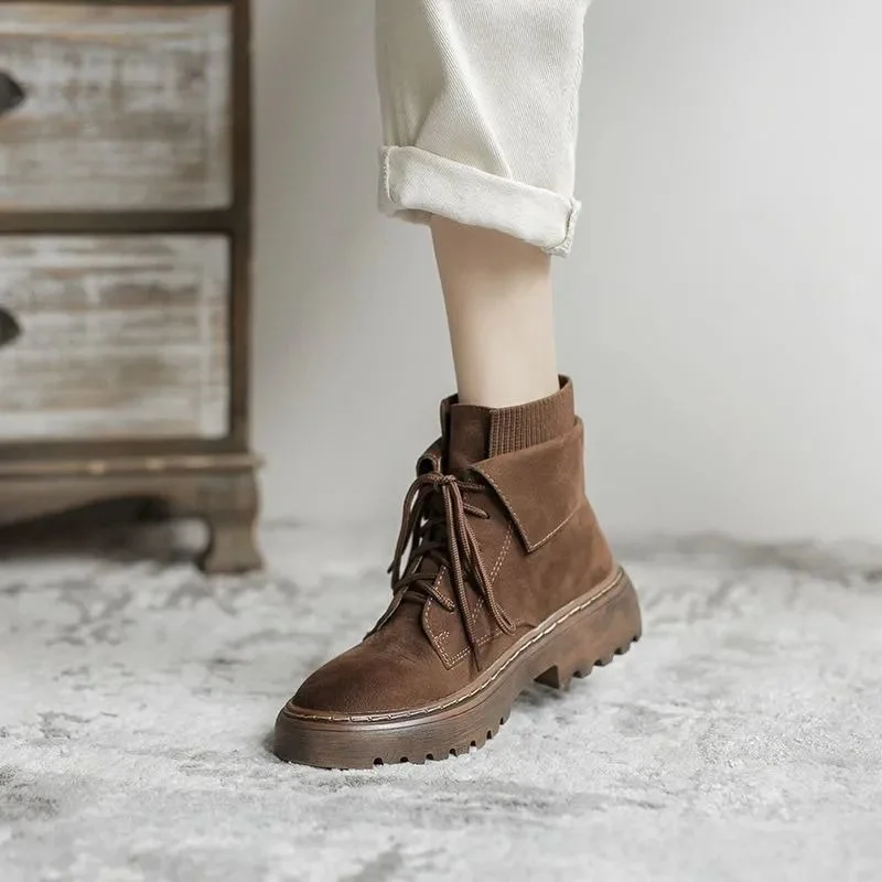 

Handsome Retro Women's New British Style All-match Thick-soled Ankle Boots Women's Brown Frosted Single Boots Autumn Women Shoes