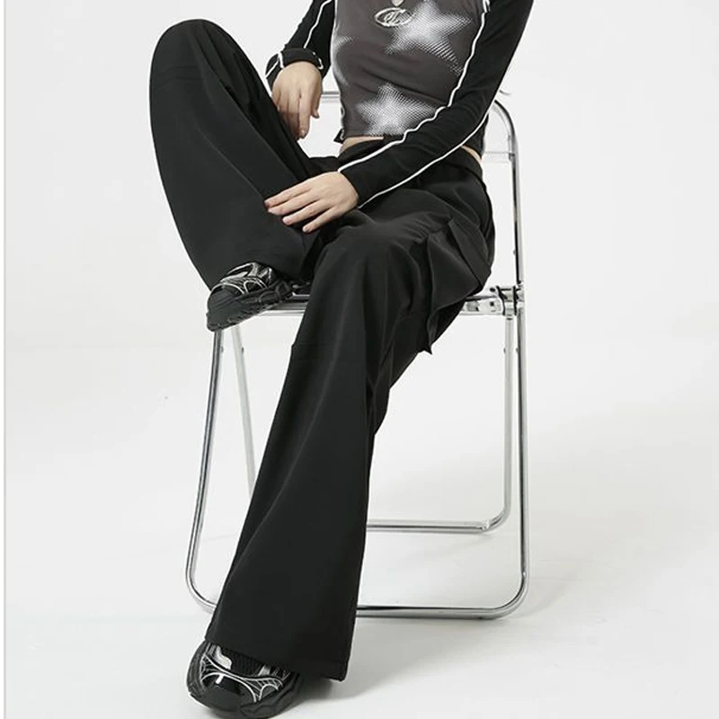Autumn Winter New Solid Color High Waist Wide Leg Trousers Women High Street Casual Loose Pocket Button Lacing All-match Pants