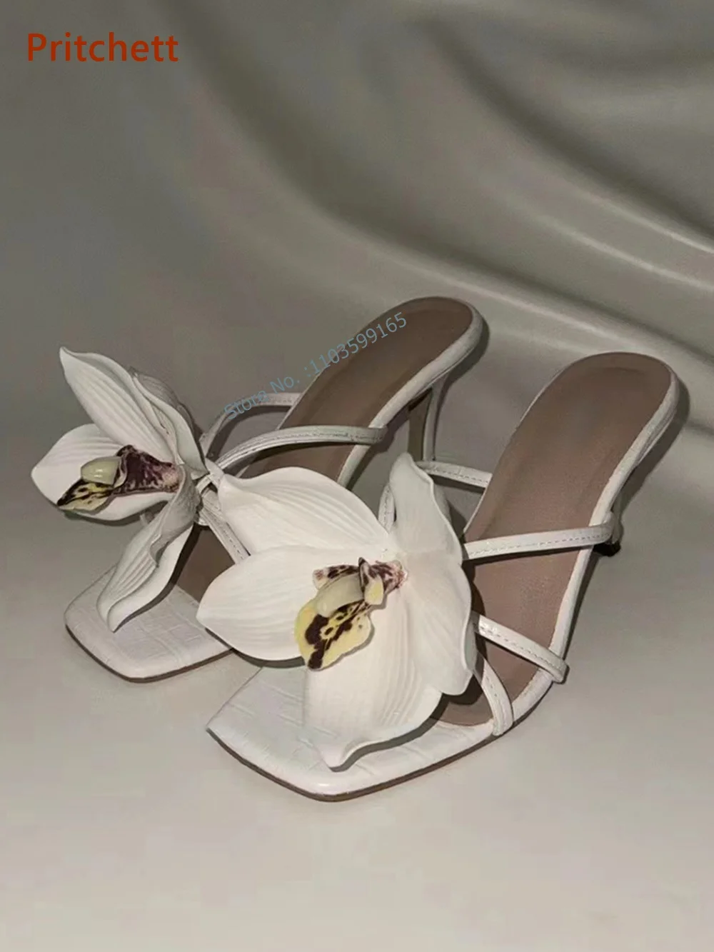 Flower Kitten Heels Slippers Square Toe Slingback Slip On Twist Stiletto Shoes Mixed Color Summer Lovely Vocation Party Shoes