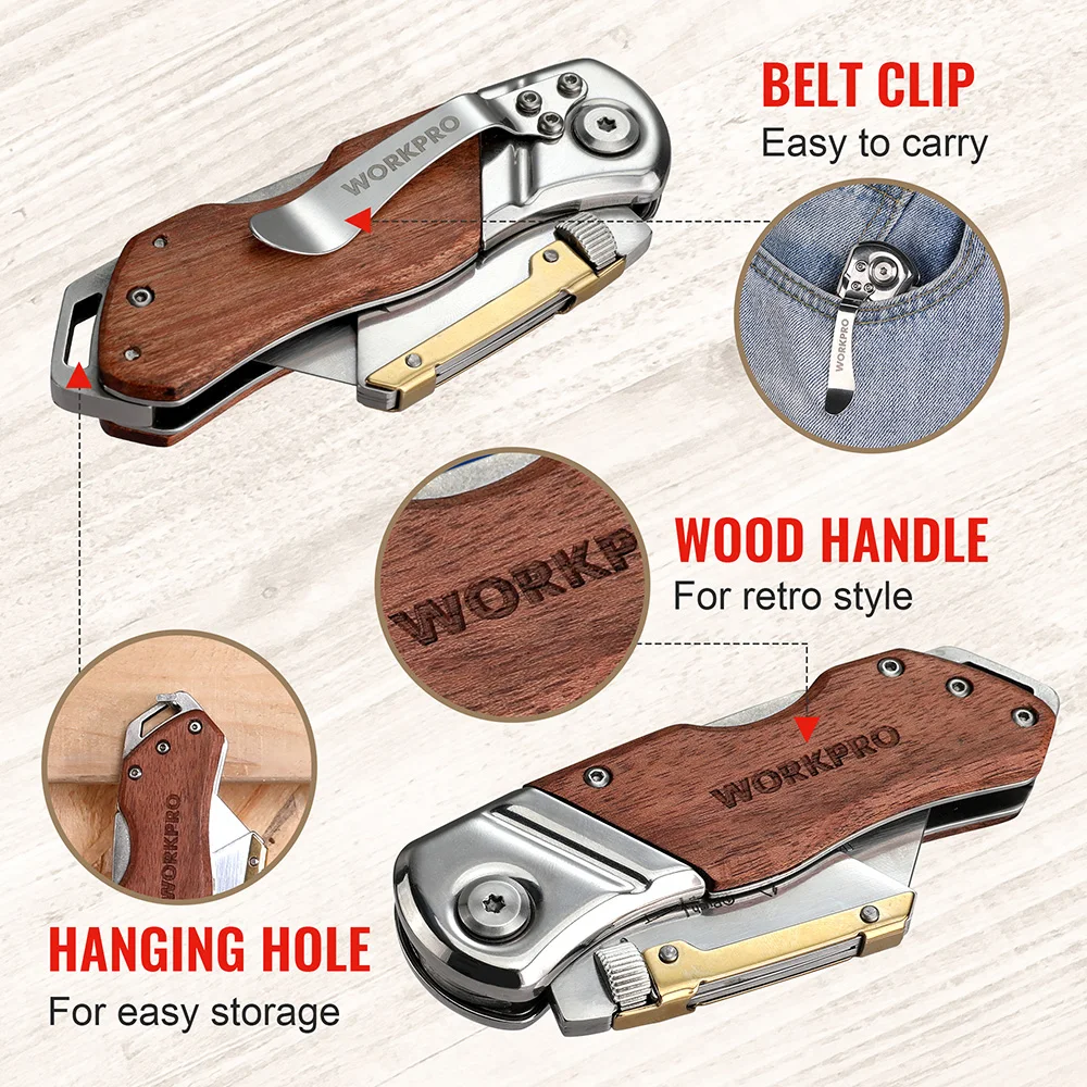 WORKPRO Utility Knife Folding Knife Pipe Cutter Pocket Knife Wood Handle Knife With 10/20PCS Blades fore plane