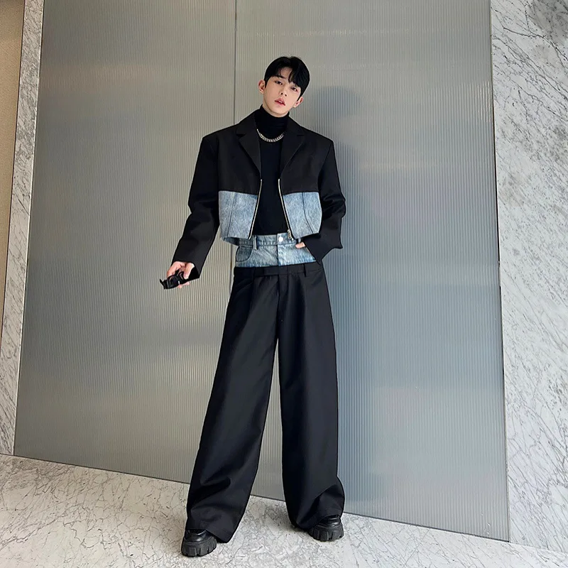 Men's And Women's Set Fashion Niche Design Denim Patchwork Jackets Two-Piece Suit Wide Leg Pants 2023 Autumn New 9C2161