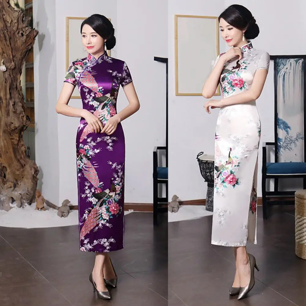 Terrific Lady Cheongsam Long Classic Anti-wrinkle Short Sleeve Lady Cheongsam