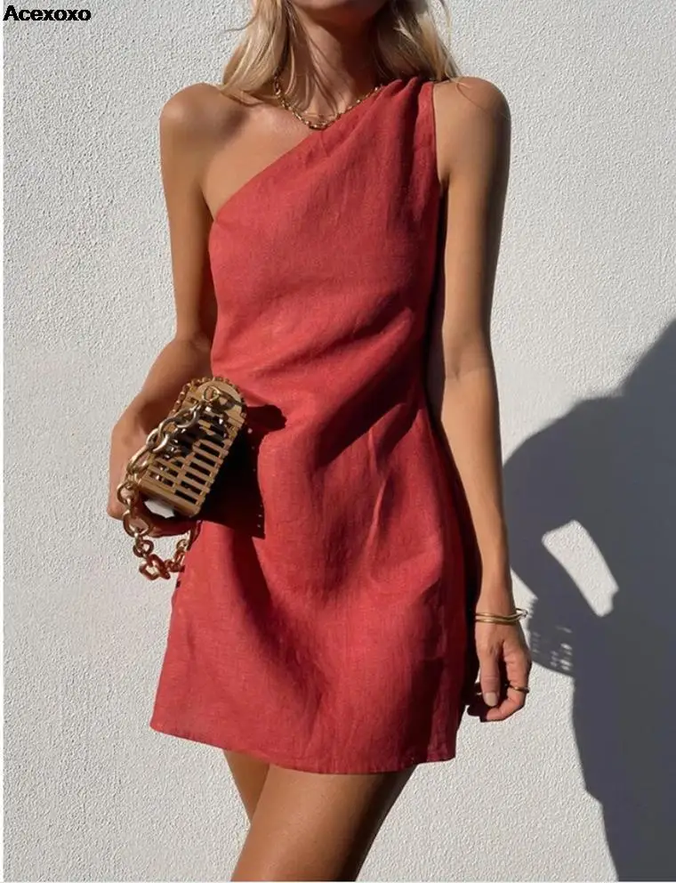 

2023 summer new female fashion casual excellent slim waist temperament oblique shoulder dress