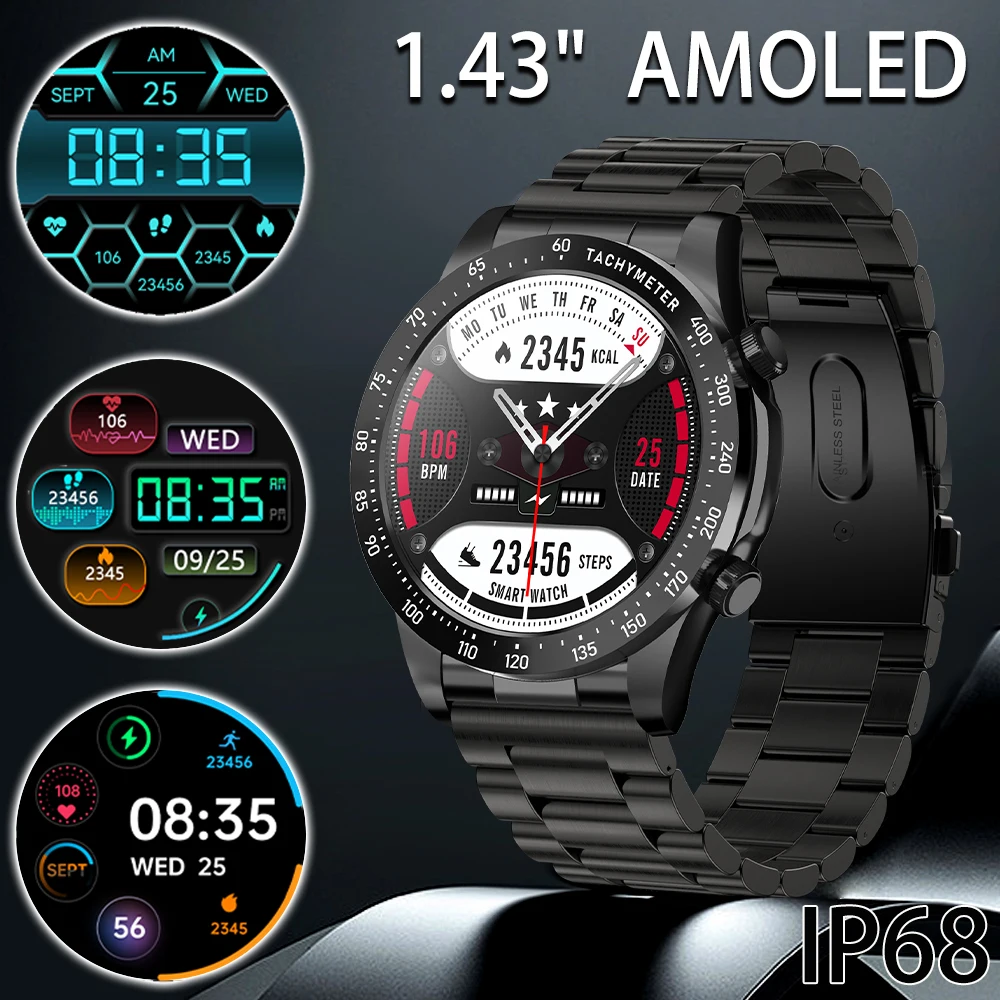 2026 new NFC smart watch 1.43 AMOLED HD screen Bluetooth call sleep monitoring breathing exercise timing men's smart watch IP68 1