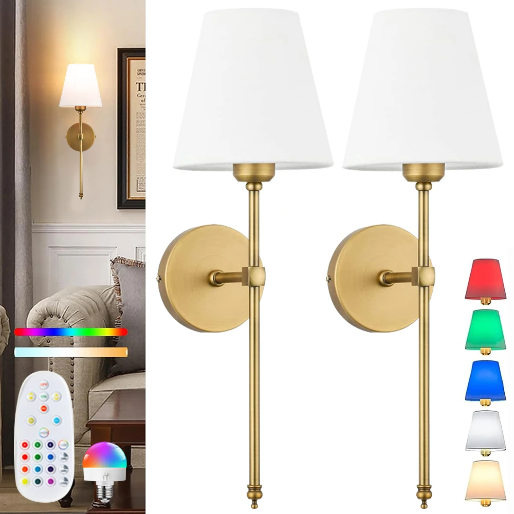2PCS Wireless Rechargeable Battery-Powered Wall Light, RGB Dimmable, Detachable Bulb and Remote Control, for Bedroom/Living Room