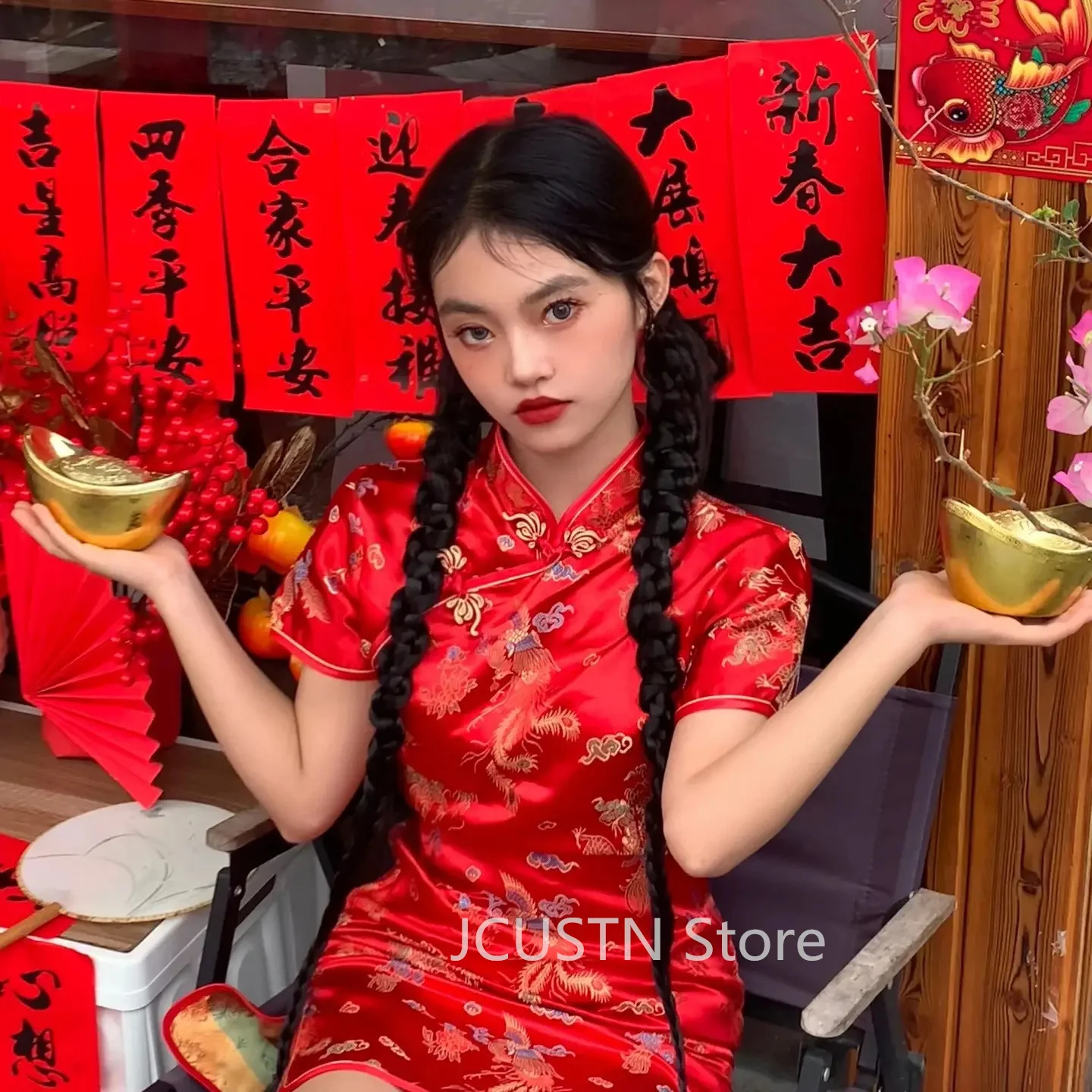

Chinese Style Dress Red Dragon Phoenix Embroider Qipao Women Sexy Improved Cheongsams Fashion Streetwear Plus Size 3Xl 4Xl 5Xl