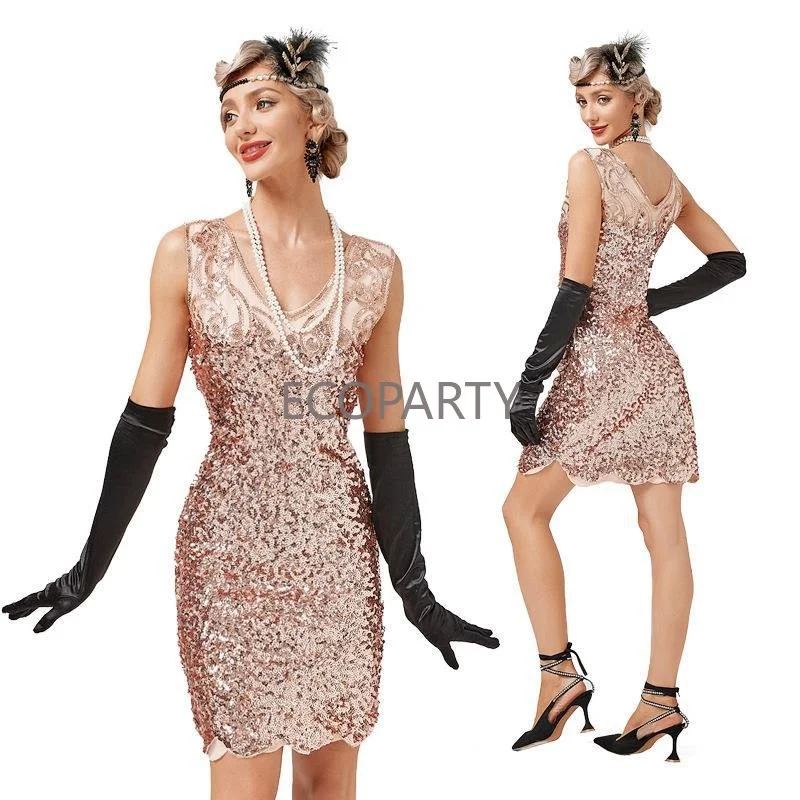 

2022 New Hot Ladies Dress Women's 1920s 30S Sequin Beaded Flapper Gatsby Cocktail Dress Wedding Formal Party Club Swing Dress