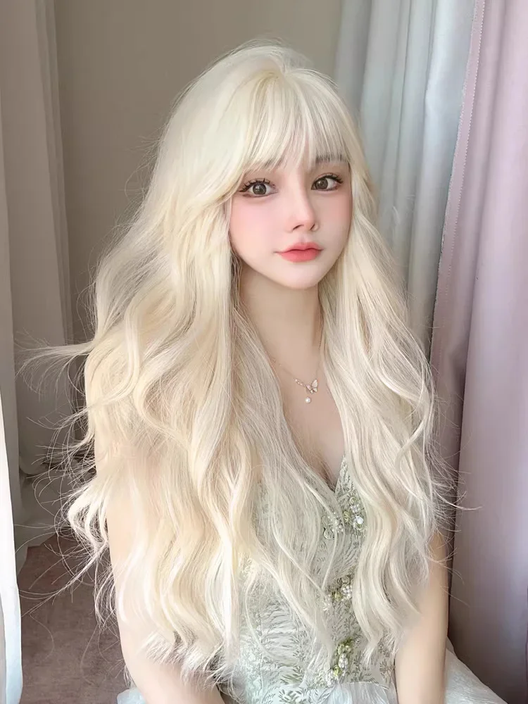 

White blonde wig female long hair natural full hood style european and american style cos lolita long curly hair wool cur