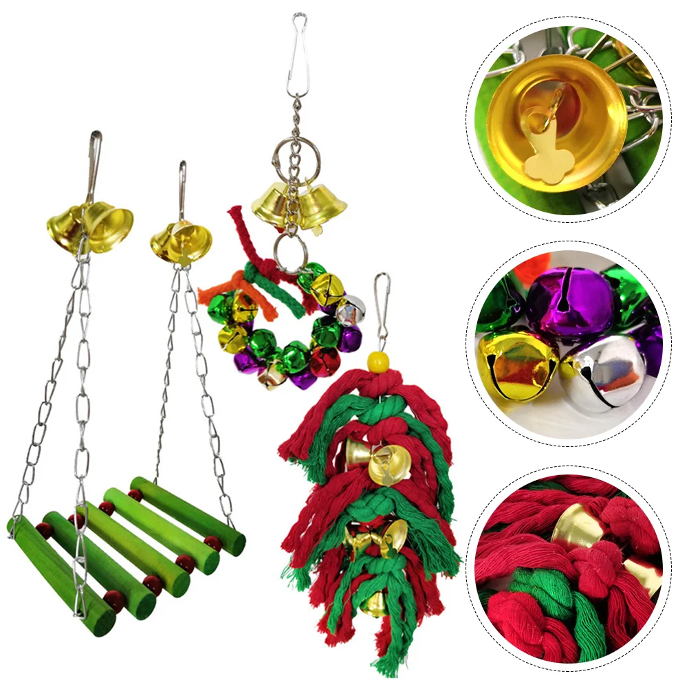 

3Pcs Christmas Parrot Bite Toys Hanging Wood Swing Bell Wreath Bite String Toys
