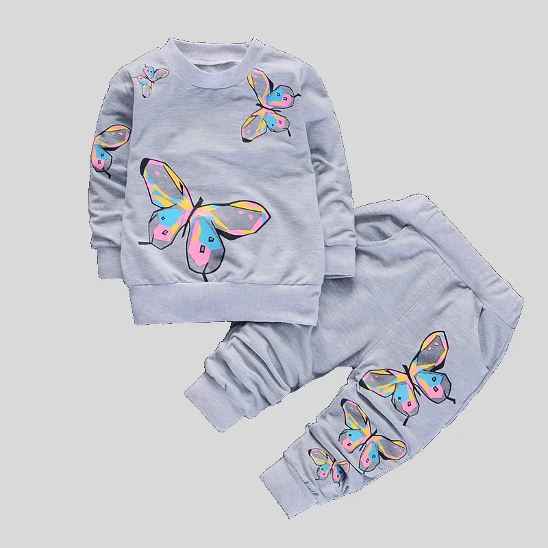 Girls 2Pcs Tracksuit Colorful Butterfly Print Crew Neck Long Sleeve Sweatshirt Elastic Cuff Jogger Pants Kids Casual Outfit Set 2