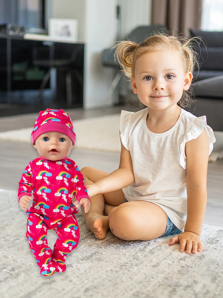 Puppen-Pyjama-Nachtmützen-Set, 18 Zoll, 45 cm, niedliches Regenbogenmuster, Puppenkleidung für Reborn-Puppe, American Doll Born Doll, Mädchenspielzeug, Geschenk – Detail 1