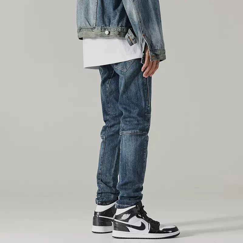 High Street Fashion Men Jeans Retro Blue Elastic Slim Fit Spliced Biker Jeans Men Patched Designer Zipper Hip Hop Pants Hombre