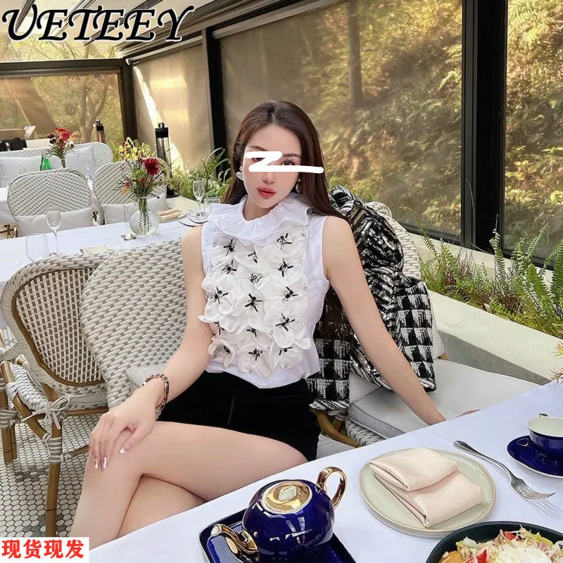 

Heavy Industry White Rhinestone Ruffles Three-Dimensional Flowers Shirt Women 2024 Summer French Style Sleeveless Vest Top Girls