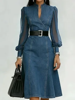 Streetwear Denim A-Line Dress Summer Women Tulle Puff Long Sleeve See Through V Neck Maxi Dresses Vintage Jean Dress With Belt 1
