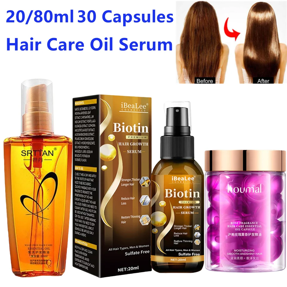 20/80ml 30 Capsules Biotin Hair Repair Hair Weak Oil Scalp Repair Serum Spray Thicken Serums Promoting Healthier Care