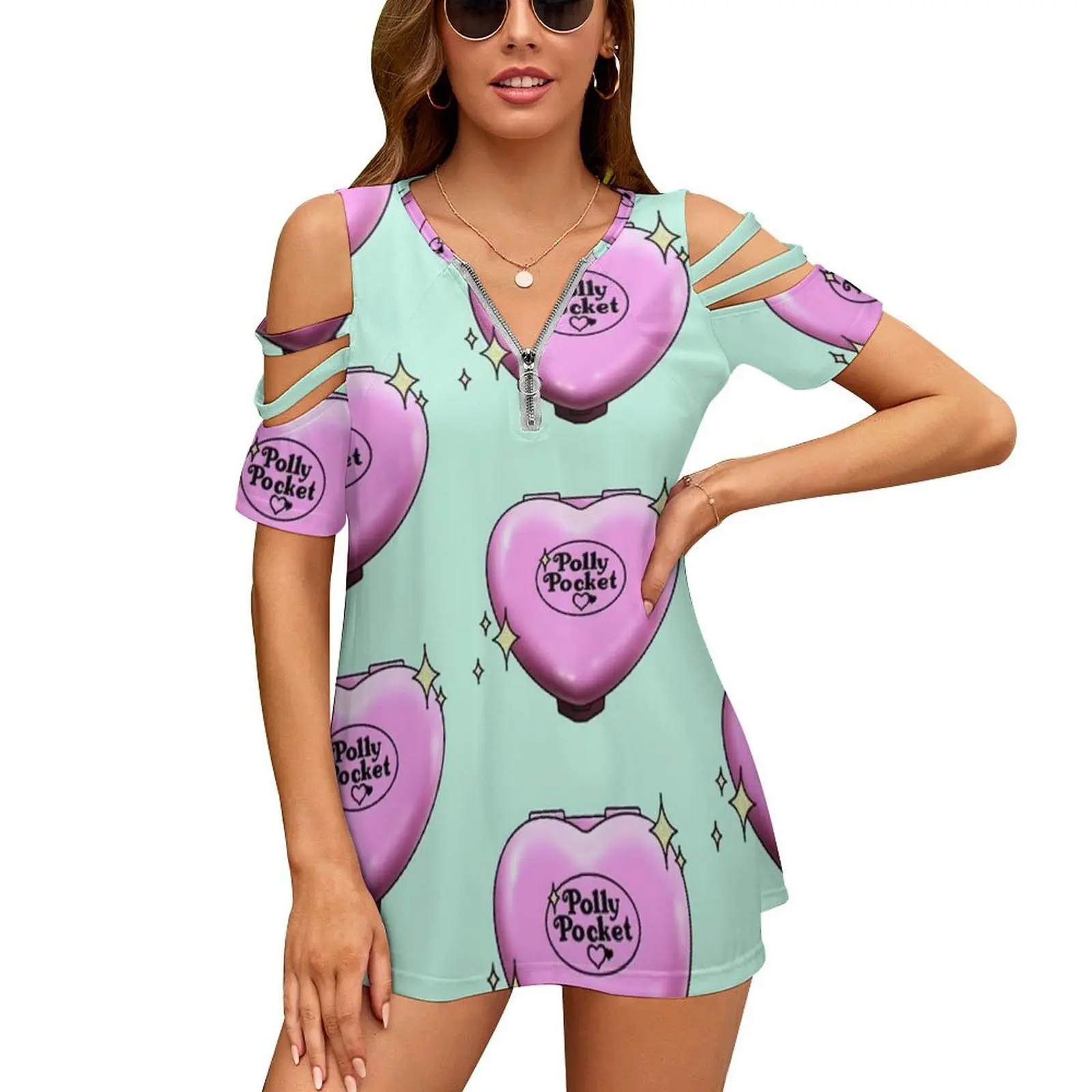 Polly Pocket Di Nuovo Modo Zip Off Spalla Top Corto-Manicotto Delle Donne Della Camicia Polly Pocket 90S Anni Novanta Rosa Carino Cuore Nostalgia