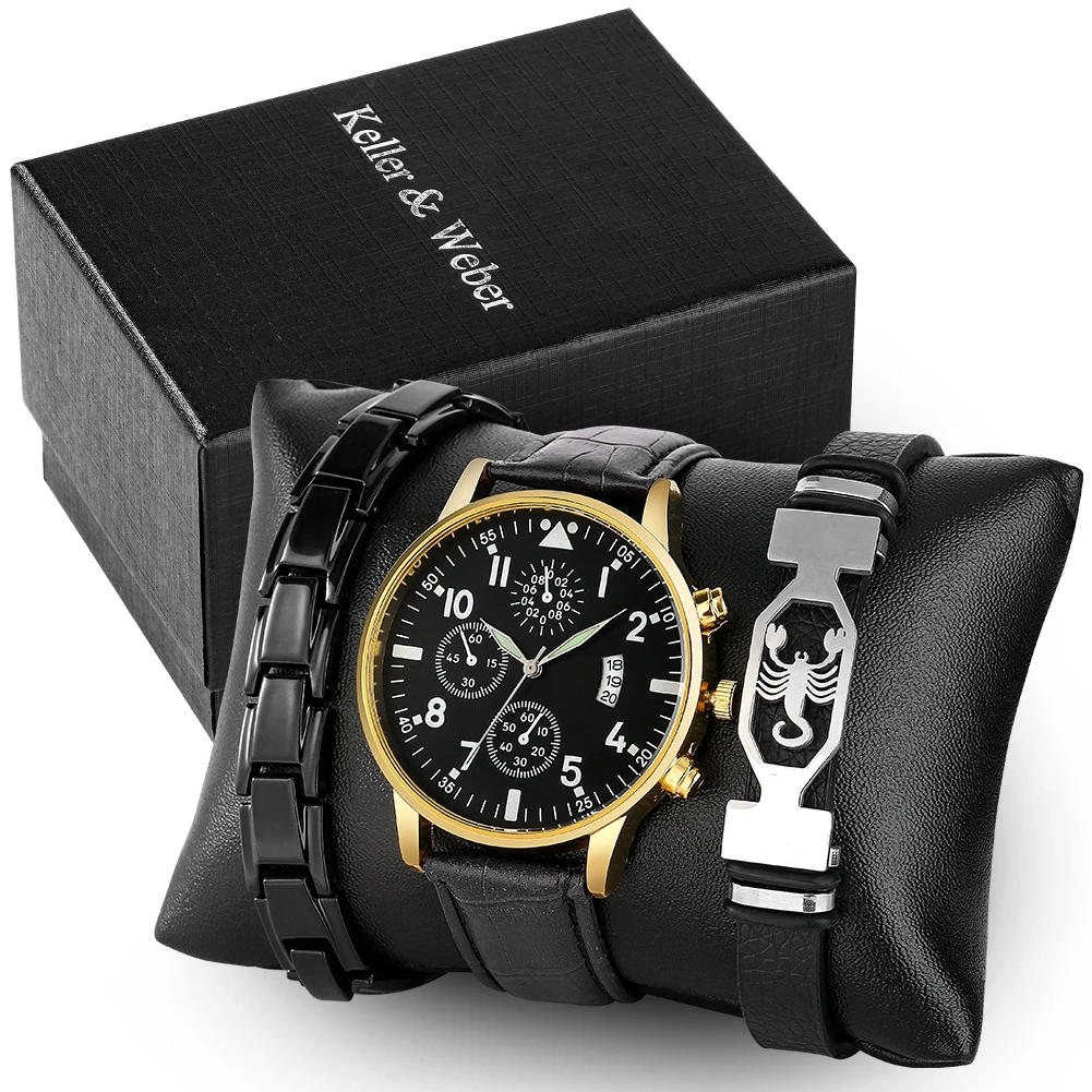 Premium Men's Quartz Calendar Leather Watch with 2 Pcs Bracelets Casual Creative Birthday Gift Set Box for Boyfriend relógio