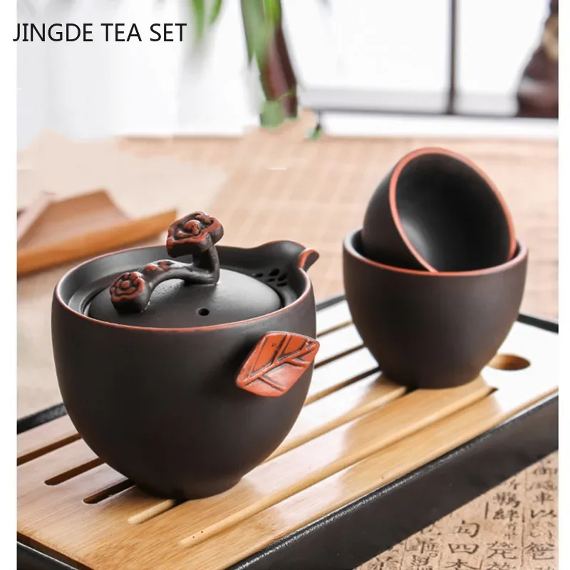 Portable Travel Tea Set Yixing Purple Clay Teapot Set One Pot and Two Cups Home Teaware Chinese Tea Ceremony Supplies Teapots