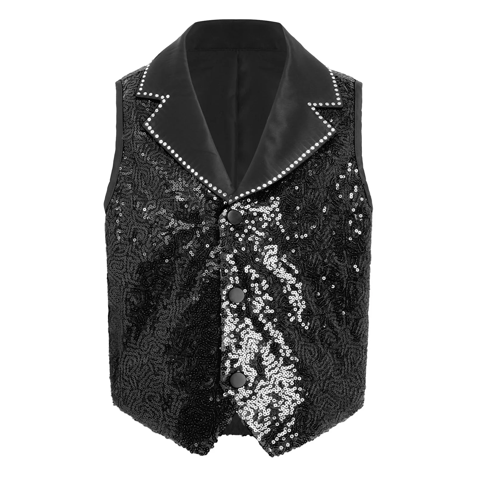 어린이 소년 반짝이 스팽글 조끼 재즈 탱고 탭 댄스 공연 의상 라펠 칼라 민소매 스팽글 신사 조끼