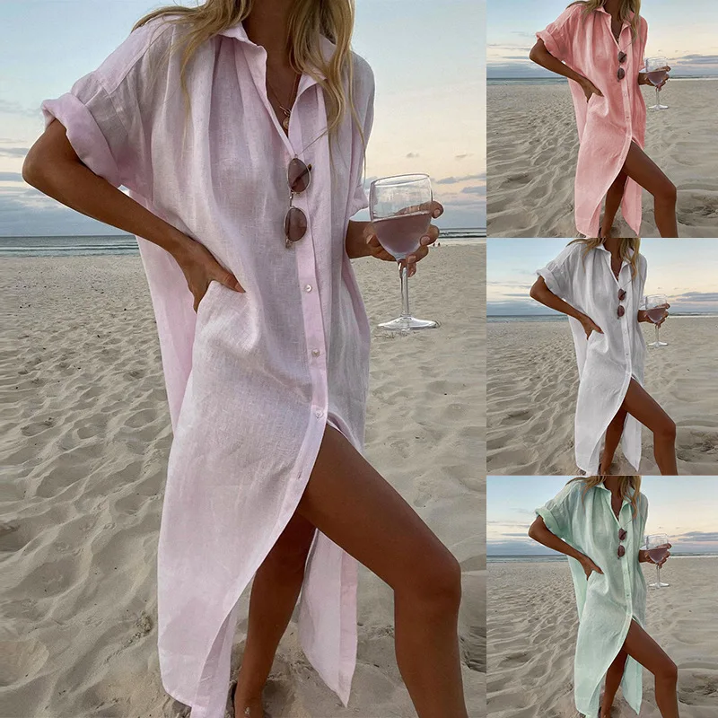 

2023 Spring and Autumn Women's Solid Color Casual Long Sleeve Medium Length Cotton Linen Shirt Dress