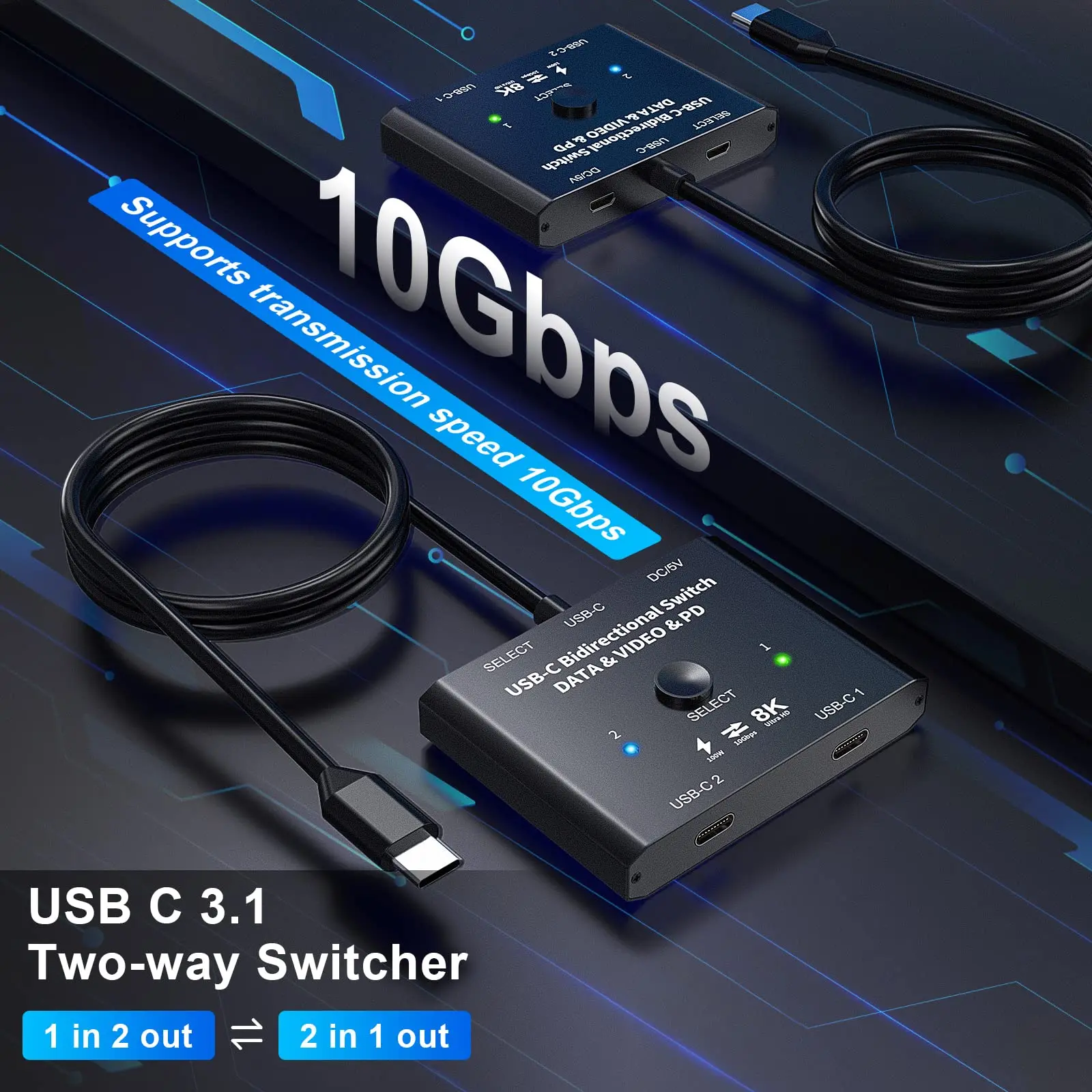 2 in 1 Out or 1 in 2 Out USB C Switch, Type-C Bidirectional Switcher Used for 2 Computers with C Port, Supports 4K@120Hz 8K@60Hz