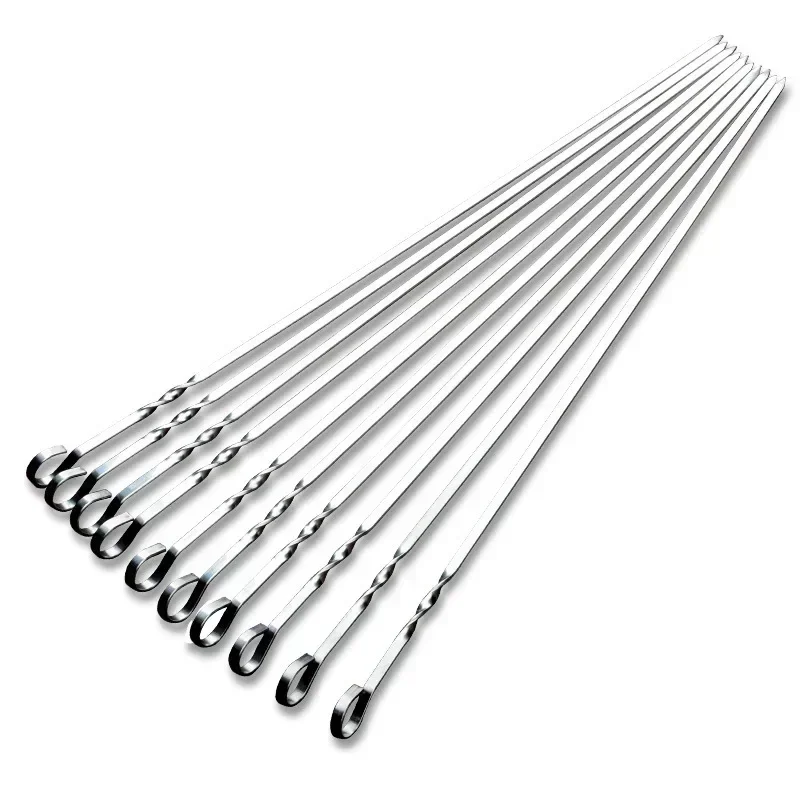 10pcs/set Stainless steel 430 BBQ stick thickened 41cm household mutton skewers iron drill BBQ stick tool stick.