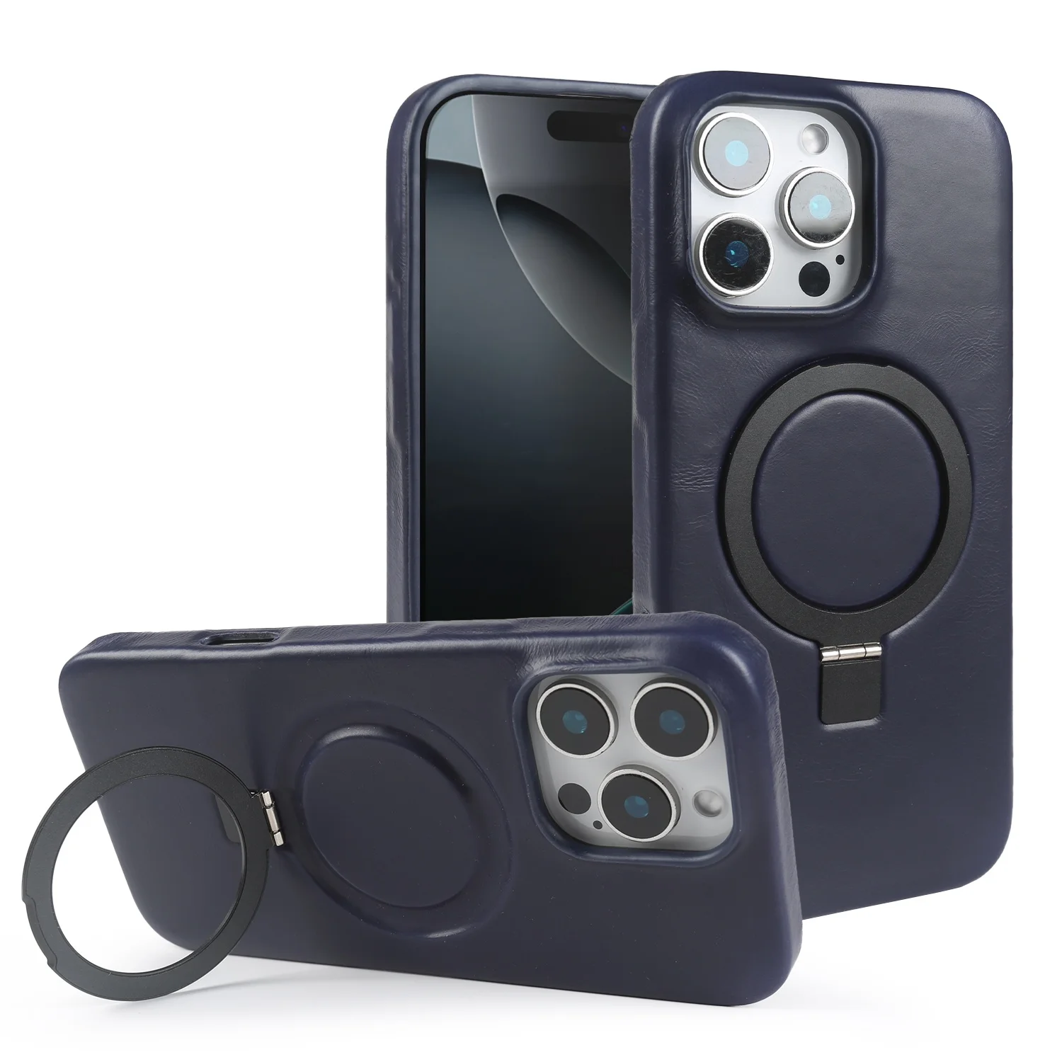 Premium Genuine Leather Stand Case with Magnetic Holder - Full Coverage Phone Cover