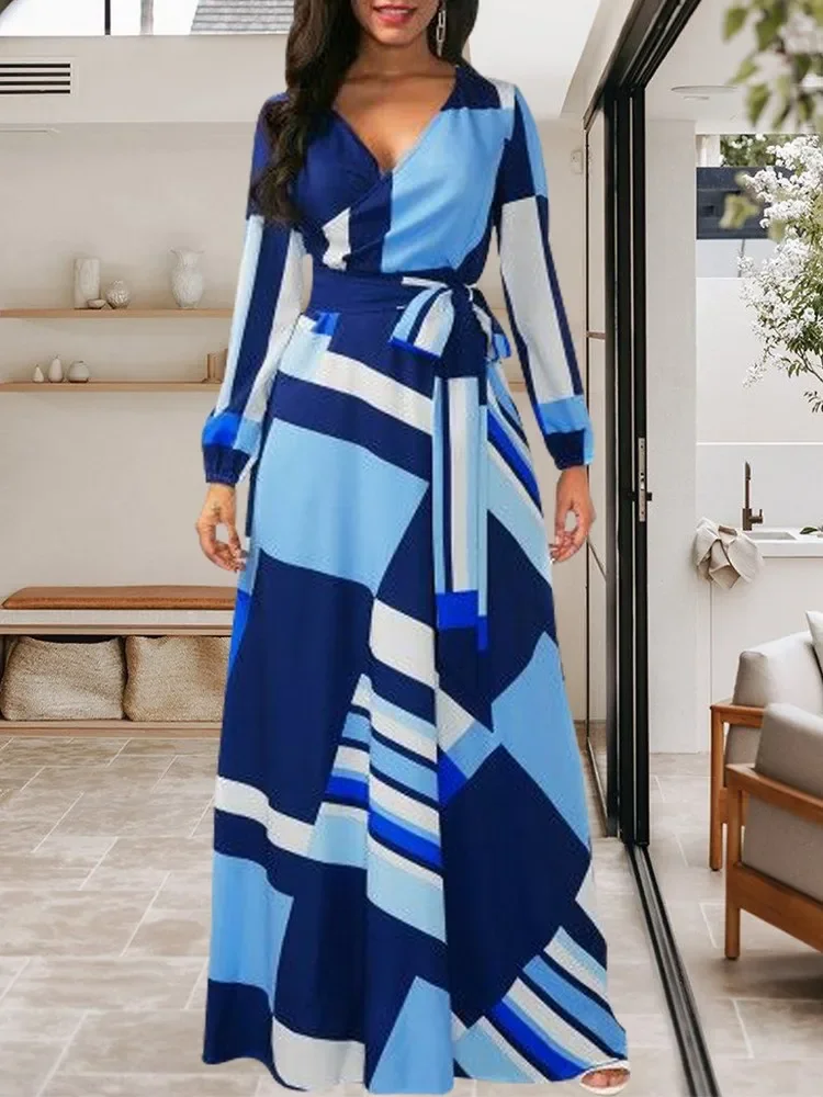 

Colorblock Digital Printed Empire Waist Flowy Long Dresses Going Out Outfits For Ladies Deep V Neck Pull On Dress With Tie Belt