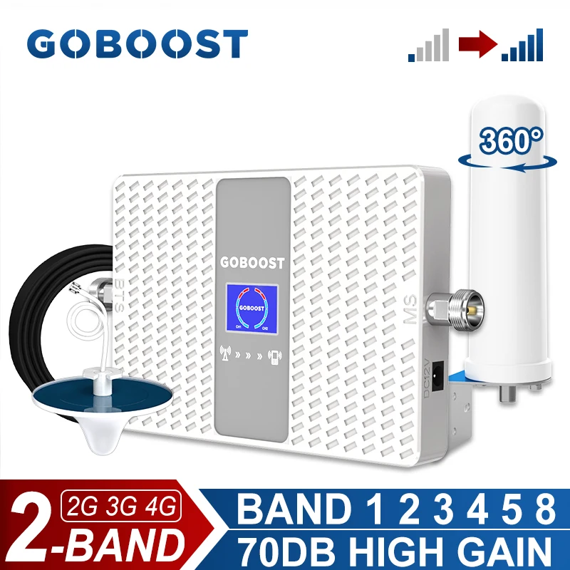 

GOBOOST SIgnal Repeater 70dB Dual Band 2G 3G 4G Cellular Amplifier 850 900 1700 1800 1900 2100MHz Network Booster 360° Antenna