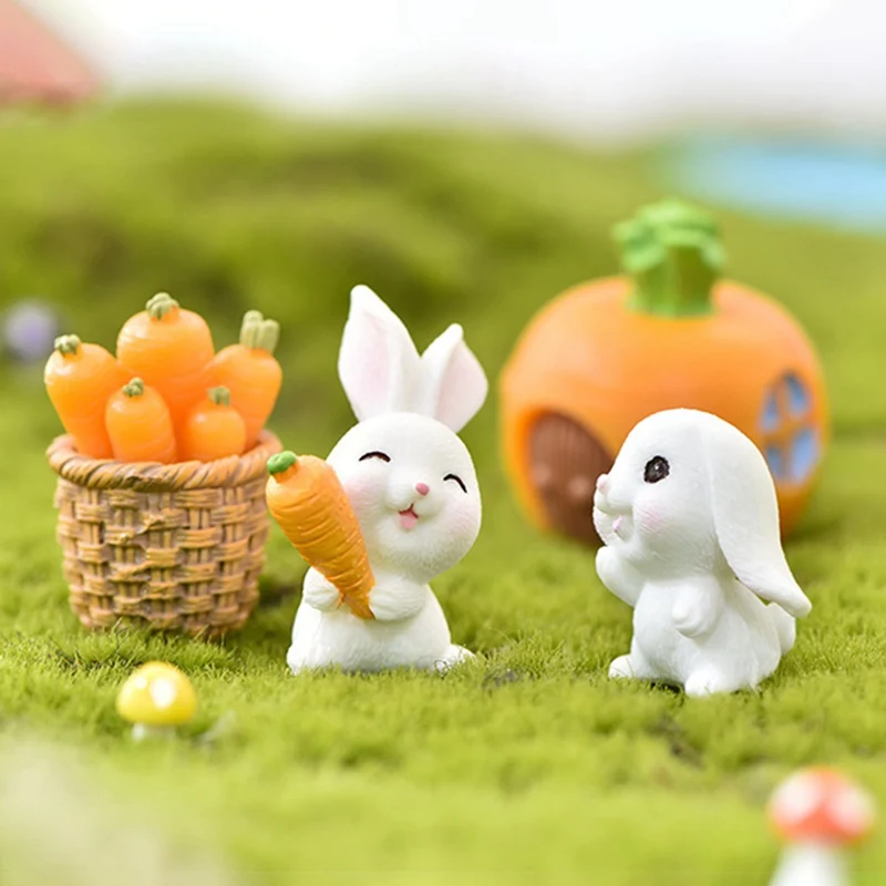 

Mini Cute Resin Rabbit Ornament Family Micro Landscape Ornament Bunny Carrot Miniature Statue Garden Bonsai Decoration Toy