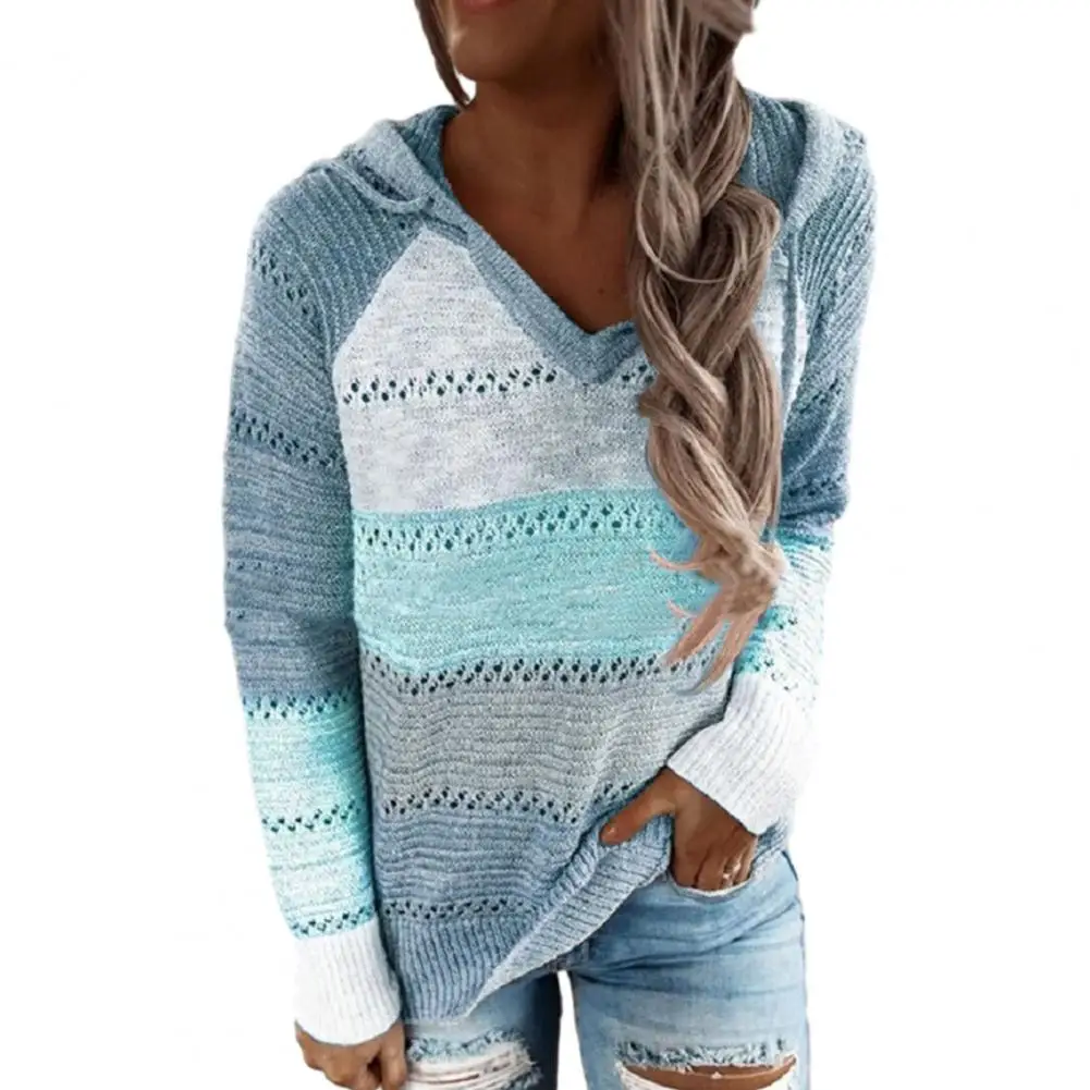 

Women Long-sleeved Top Colorblock Striped Drawstring Hoodie Sweater for Women Fall Winter Knit Pullover with Elastic V Neck Long