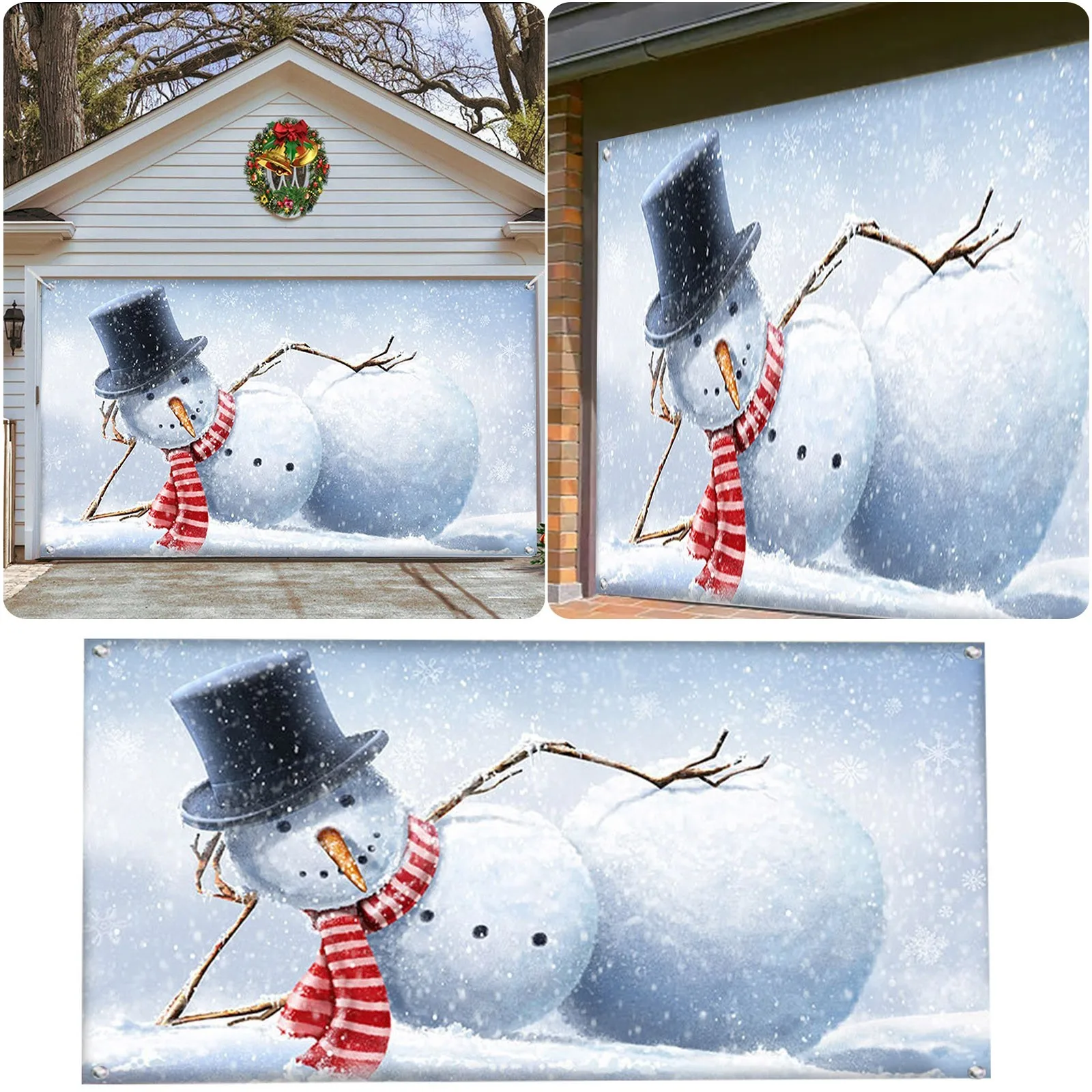 

16x7 Ft Holy Night Christmas Outdoor Garage Door Banner Blue Lying Snowman Large Christmas Decoration Holiday Polyester Cover