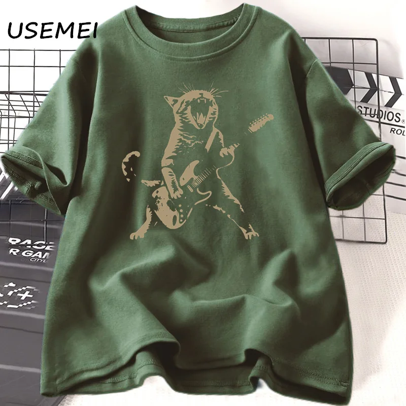 Rock Cat Playing Guitar T Shirt Women Men Funny Guitar Cat T-Shirt Casual Cotton Short Sleeve O Neck T-shirts Unisex Streetwear 3