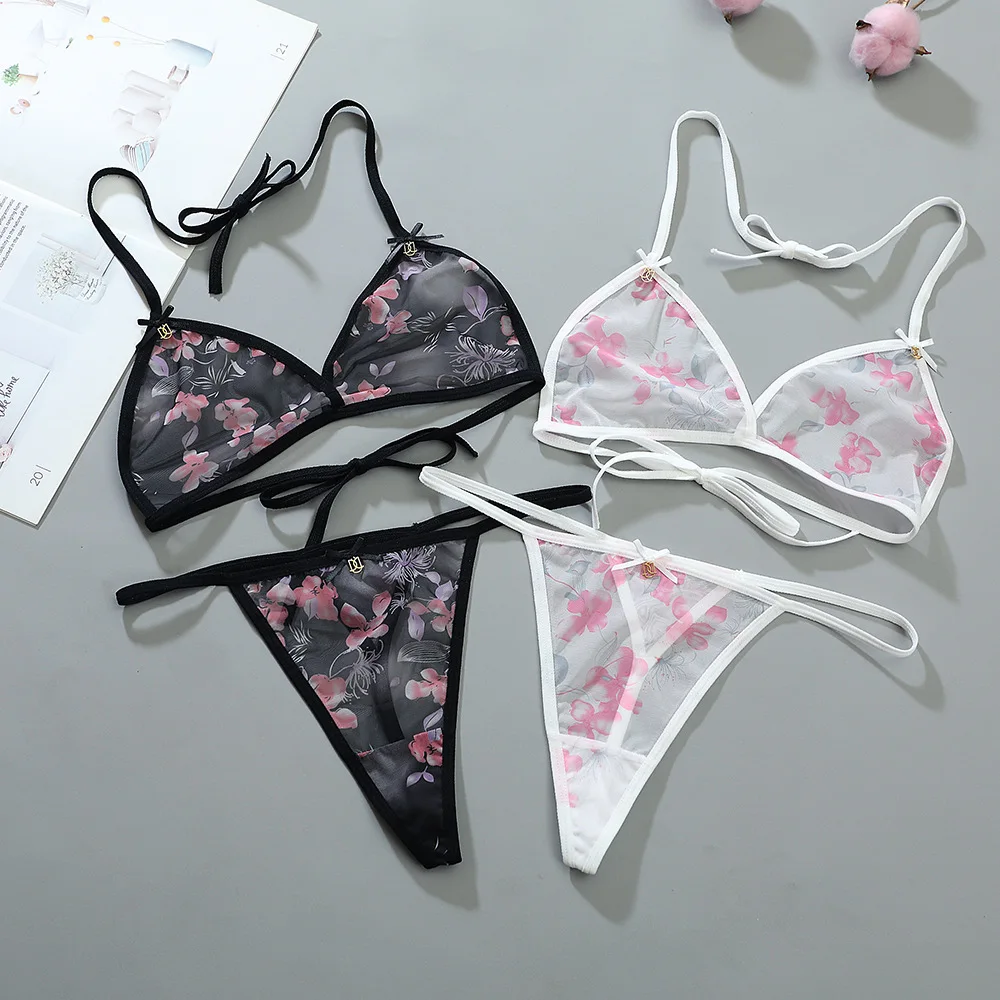 Set di lingerie sexy da donna, reggiseno a fiori, perizoma, 2 pezzi, cinturino trasparente in morbida rete, intimo trasparente, body bikini_voghion.com