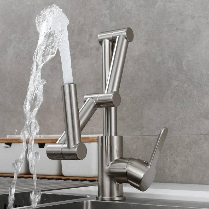 SOKNARKU Grifo De Fregadero De Cocina De Latón Macizo Plegable De Mezcla De Agua Fría Y Caliente Montaje En Pared Brazo Plegable Extensible Doble Mango Negro Mate