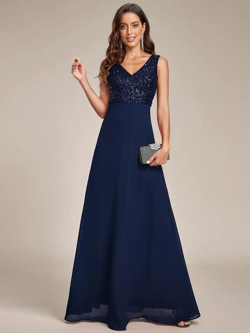 

Gorgeous Evening Dresses Sleeveless V-Neck Hidden zipper 2024 of Shiny A-line Sequin Chiffon Navy Blue Bridesmaid dress