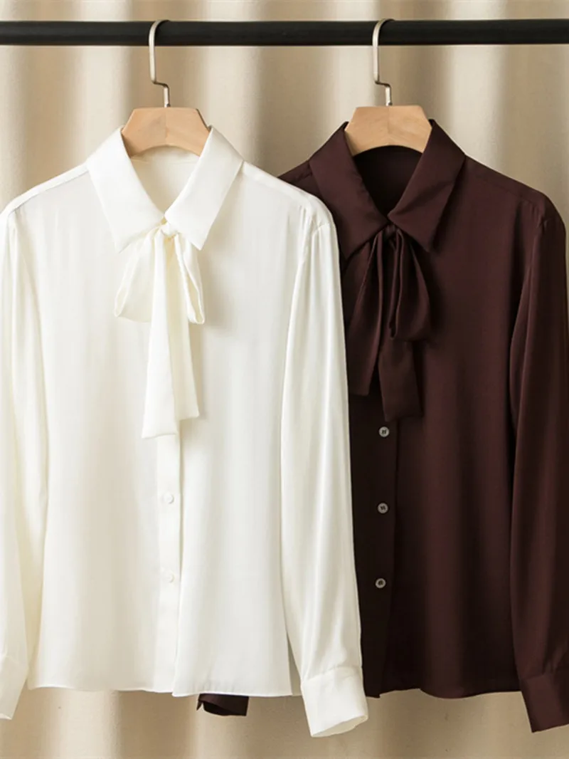 

Women's Silk Blend Long Sleeve Shirt 2023 New Turn-Down Collar Tie Ladies Commuter Single Breasted Temperament Blouse