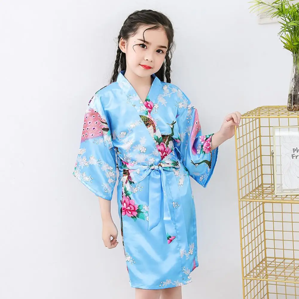 Comfortable Girls Children Long-Sleeve Floral Printing Dressing Gown Bath Robe Sleepwear For Home Daily Wear