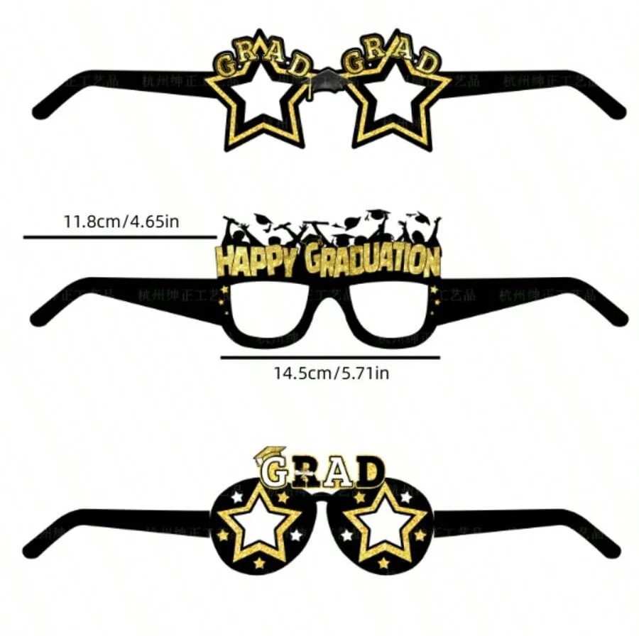 Party Photo Props Heart Shaped Glasses Cosplay Glasses Funny Sunglasses 6Pcs Black and Gold Graduation Glasses Graduation Photo Booth Props Grad Eyeglasses for Party Favor Decoration