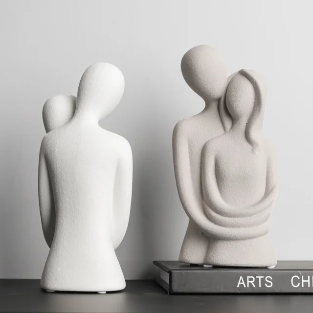 Sculpture de couple abstraite nordique, personnages de câlin d'amant, statues en céramique givrée, Figurines blanches/grises unies, cadeaux de mariage 4