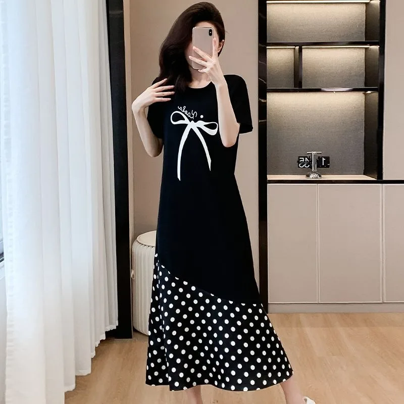 

High End Short Sleeved Dress Summer Temperament Fashion Polka Dot Patchwork T-shirt Long Skirt Women Loose Round Neck Dresses